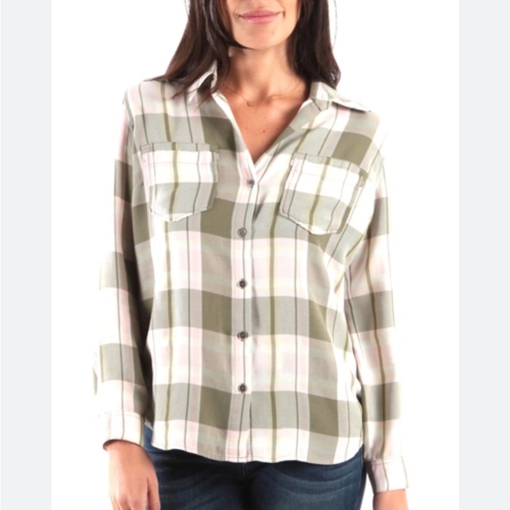 Kut from the Kloth Women’s S Hannah green pink plaid button up Lyocell shirt EUC